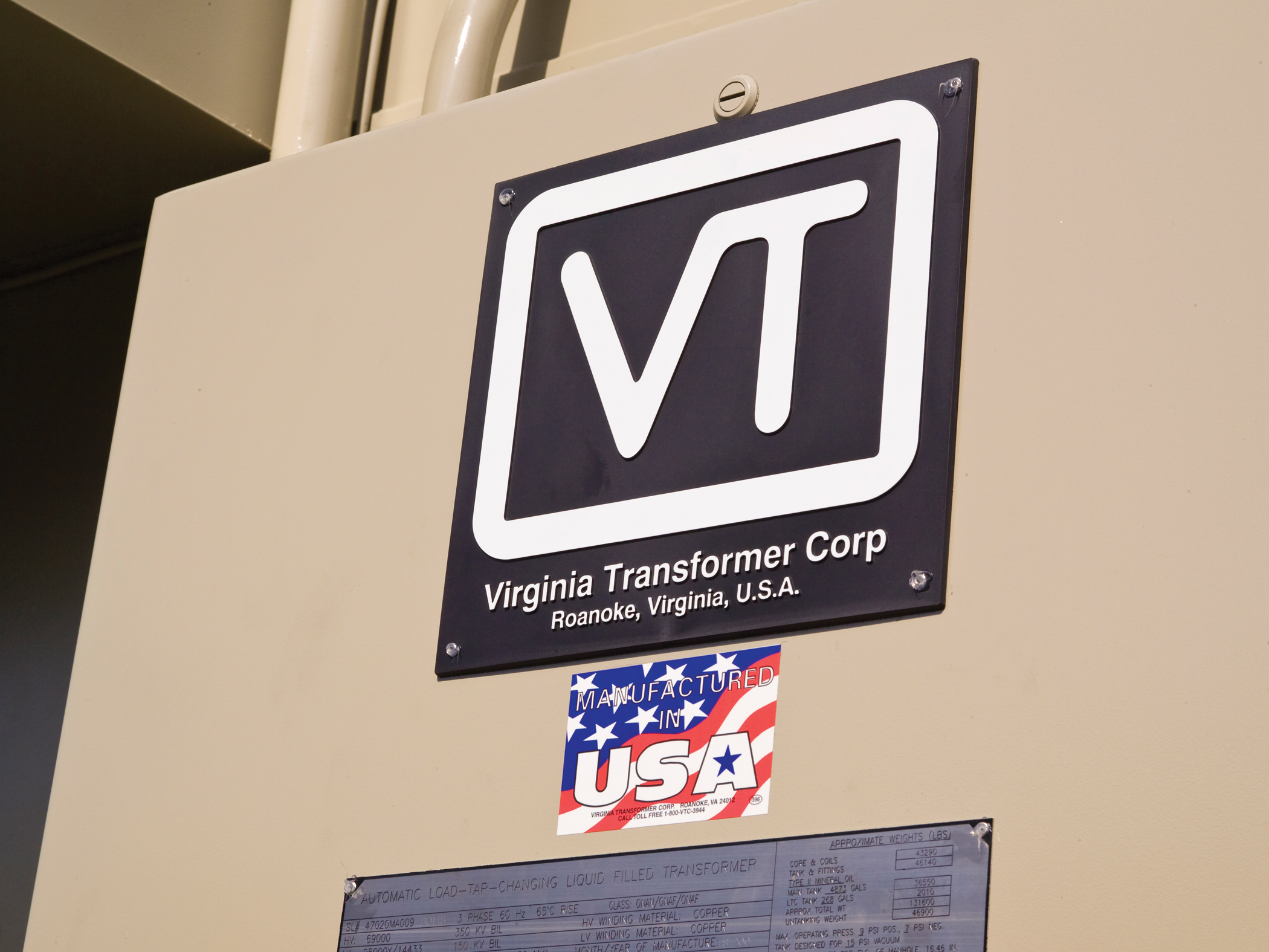 Virginia Transformer Corp logo and made in the USA signage on an electrical transformer unit.