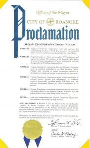 Image of proclamation of Virginia Transformer Corporation day from the City of Roanoke.