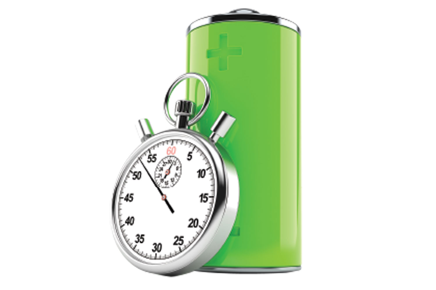 Graphic of stopwatch leaned again a green battery.