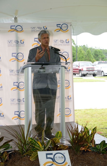 Virginia Transformer CEO, Prabhat Jain speaking at the Rincon Georgia manufacturing facility.