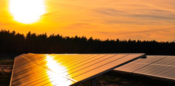 Solar farm at sunset.