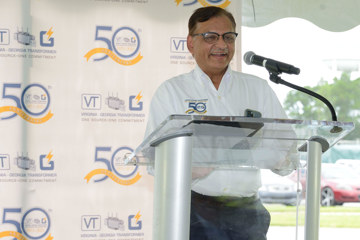 Virginia Transformer lead engineer speaking at the Rincon, Georgia manufacturing facility 50th anniversary celebration.