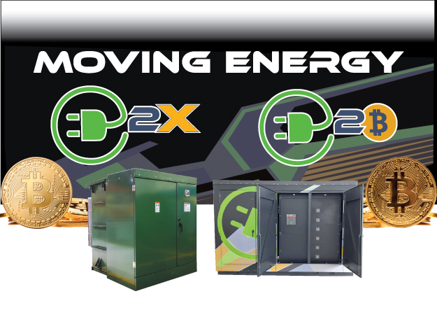 Moving energy graphic with two transformers and two graphic bitcoins.