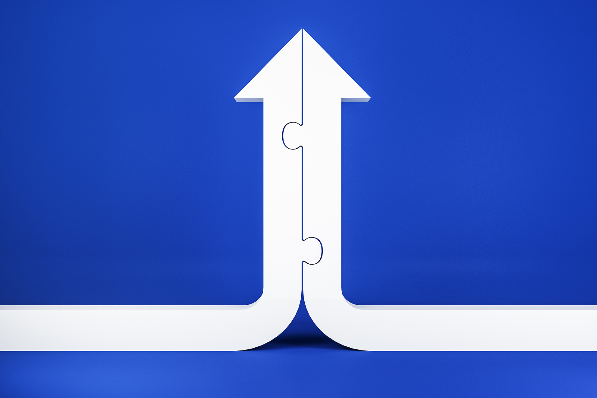 Graphic of two white lines coming together as puzzle pieces to form an upward arrow.