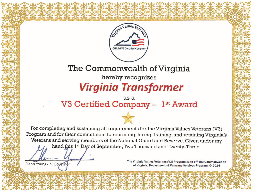 Virginia Transformer V3 certificate.