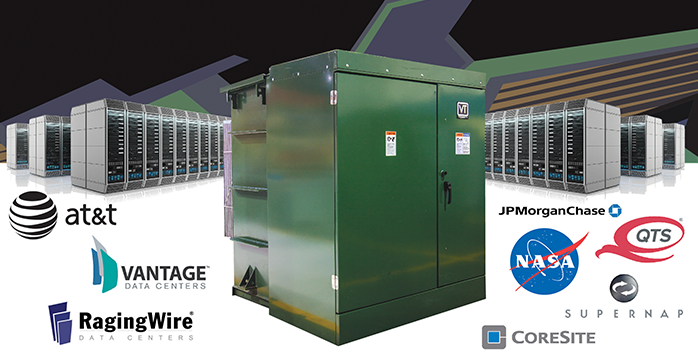 Data center transformer with logos for customers including AT&T, NASA, Vantage, and CoreSite.