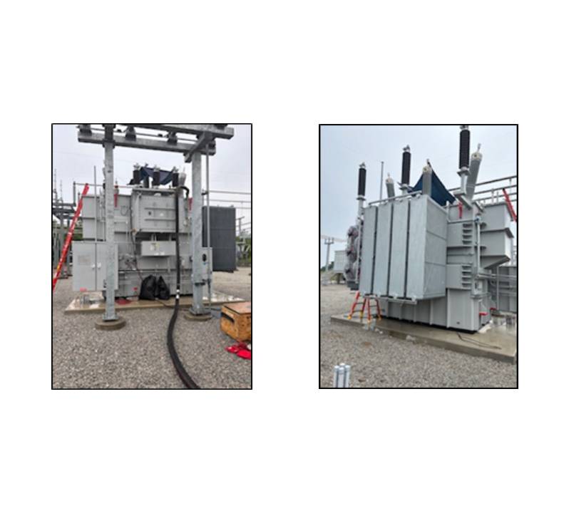 Side by side utility energy transformers on pad.