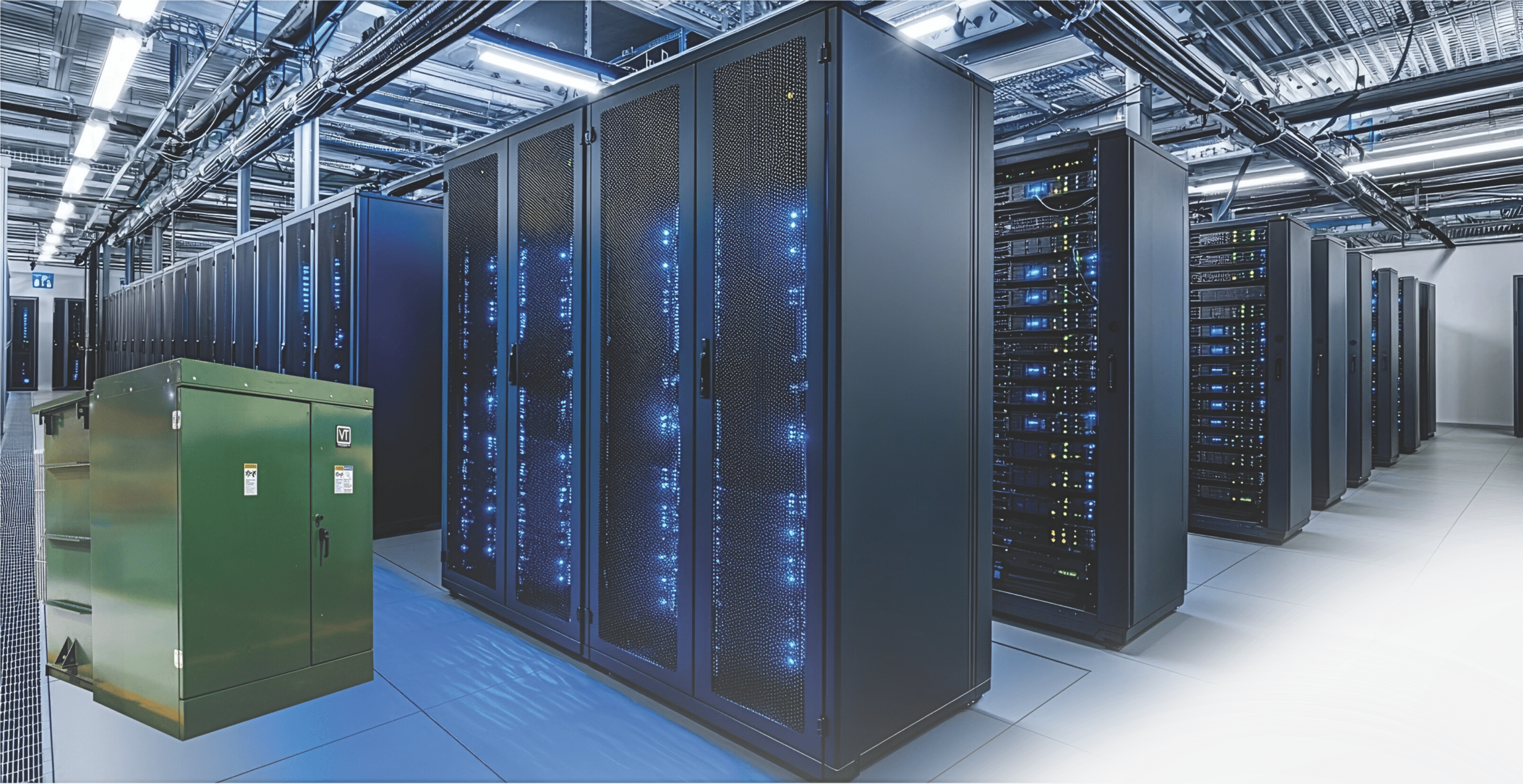 Data center transformer with logos for customers including AT&T, NASA, Vantage, and CoreSite.